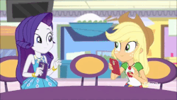 Size: 480x270 | Tagged: safe, screencap, applejack, rarity, equestria girls, equestria girls series, rollercoaster of friendship, animated, cute, discovery family logo, duo, female, geode of shielding, geode of super strength, gif, magical geodes, shipping fuel