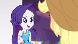 Size: 480x270 | Tagged: safe, screencap, applejack, rarity, sunset shimmer, equestria girls, equestria girls series, rollercoaster of friendship, animated, blushing, cute, discovery family logo, female, geode of empathy, geode of shielding, geode of super strength, gif, magical geodes, shipping fuel