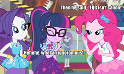Size: 1189x714 | Tagged: safe, edit, edited screencap, screencap, curly winds, maud pie, pinkie pie, rarity, sci-twi, some blue guy, twilight sparkle, dinosaur, equestria girls, equestria girls specials, g4, my little pony equestria girls: better together, my little pony equestria girls: spring breakdown, school of rock, background human, bone, caption, geode of shielding, geode of sugar bombs, geode of telekinesis, giggling, image macro, magical geodes, skeleton, take that, text