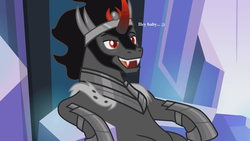 Size: 1920x1080 | Tagged: safe, edit, edited screencap, screencap, king sombra, pony, unicorn, g4, the beginning of the end, armor, bedroom eyes, cape, clothes, crown, crystal, dialogue, flirting, horn, lounging, male, red eyes, red horn, sharp teeth, solo, stallion, stupid sexy sombra, teeth, throne