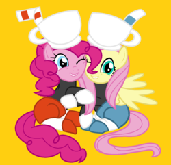 Size: 1092x1052 | Tagged: safe, artist:artzyjamie, artist:trafalgarnaomy, fluttershy, pinkie pie, earth pony, pegasus, pony, g4, base used, bendy straw, clothes, crossover, cup, cuphead, cuphead (character), drinking straw, gloves, hug, huggies, long sleeved shirt, long sleeves, mugman, shirt, shoes, shorts, straw, studio mdhr