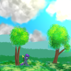 Size: 1600x1600 | Tagged: safe, artist:platinumdrop, oc, oc only, oc:emerald bolt, pegasus, pony, solo, spear, tree, weapon