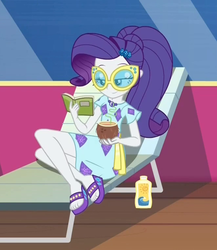 Size: 663x765 | Tagged: safe, screencap, rarity, equestria girls, equestria girls specials, g4, my little pony equestria girls: better together, my little pony equestria girls: spring breakdown, beach chair, book, chair, clothes, coconut, cropped, dress, feet, female, food, legs, new outfit, ponytail, sandals, solar cream, solo, sunglasses, sunscreen