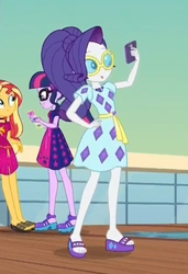 Size: 420x614 | Tagged: safe, screencap, rarity, sunset shimmer, twilight sparkle, equestria girls, equestria girls specials, g4, my little pony equestria girls: better together, my little pony equestria girls: spring breakdown, cellphone, cropped, feet, female, legs, new outfit, one eye closed, phone, pose, sandals, selfie, smartphone, tongue out, wink