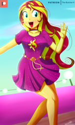 Size: 1204x1992 | Tagged: safe, artist:the-butch-x, sunset shimmer, equestria girls, equestria girls specials, g4, my little pony equestria girls: better together, my little pony equestria girls: spring breakdown, breasts, clothes, cloud, cute, dress, female, happy, legs, open mouth, patreon, patreon logo, shimmerbetes, signature, skirt, sky, smiling, solo