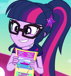 Size: 1010x1078 | Tagged: safe, screencap, sci-twi, twilight sparkle, equestria girls, equestria girls series, g4, spring breakdown, spoiler:eqg series (season 2), adorkable, cropped, cruise outfit, cute, dork, female, geode of telekinesis, glasses, hairpin, magazine, magical geodes, ponytail, smiling, solo, twiabetes