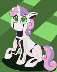 Size: 1010x1280 | Tagged: safe, artist:roboticpersona, sweetie belle, pony, robot, robot pony, friendship is witchcraft, g4, colored pupils, colored sclera, cute, diasweetes, female, sitting, solo, sweetie bot, watermark
