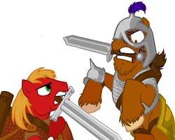 Size: 1000x800 | Tagged: safe, artist:wisdom-thumbs, big macintosh, oc, earth pony, pony, g4, armor, clothes, colored hooves, duel, duo, hooves, male, mouth hold, simple background, stallion, sword, weapon, white background