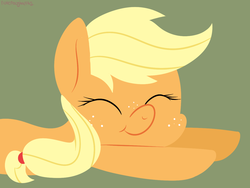 Size: 1325x996 | Tagged: safe, artist:notenoughapples, applejack, pony, g4, cute, eyes closed, female, green background, jackabetes, missing accessory, prone, simple background, sleeping, solo