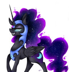 Size: 1926x1991 | Tagged: safe, artist:invaderkj, nightmare moon, pony, g4, ethereal mane, ethereal tail, evil grin, female, glowing eyes, grin, lidded eyes, simple background, smiling, solo, white background