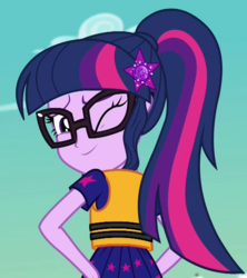 Size: 940x1060 | Tagged: safe, edit, edited screencap, editor:mycarhasamoustache, screencap, sci-twi, twilight sparkle, equestria girls, equestria girls series, g4, spring breakdown, spoiler:eqg series (season 2), cropped, cruise outfit, female, geode of empathy, geode of fauna, geode of shielding, geode of super speed, geode of super strength, geode of telekinesis, lifejacket, looking at you, magical geodes, one eye closed, ponytail, solo, wink