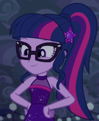 Size: 878x1076 | Tagged: safe, edit, edited screencap, editor:mycarhasamoustache, screencap, sci-twi, twilight sparkle, equestria girls, equestria girls specials, g4, my little pony equestria girls: better together, my little pony equestria girls: spring breakdown, clothes, dress, female, geode of telekinesis, hand on hip, magical geodes, ponytail, sleeveless, solo, storm