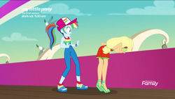 Size: 1136x640 | Tagged: safe, screencap, applejack, rainbow dash, equestria girls, equestria girls specials, g4, my little pony equestria girls: better together, my little pony equestria girls: spring breakdown, discovery family logo, female, green face, seasickness, sick, sleeveless, vomiting
