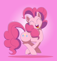 Size: 1550x1645 | Tagged: safe, artist:feralroku, pinkie pie, earth pony, pony, g4, eyes closed, female, happy, movie accurate, open mouth, pronking, simple background, smiling, solo