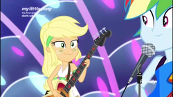 Size: 1136x640 | Tagged: safe, screencap, applejack, rainbow dash, equestria girls, equestria girls series, g4, spring breakdown, spoiler:eqg series (season 2), all good (song), bass guitar, female, green face, microphone, musical instrument, sick, sleeveless, smiling, trying to smile