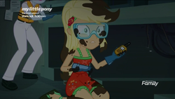 Size: 1136x640 | Tagged: safe, screencap, applejack, equestria girls, equestria girls specials, g4, my little pony equestria girls: better together, my little pony equestria girls: spring breakdown, covered in soot, shocked expression, sleeveless, walkie talkie