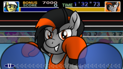Size: 1920x1080 | Tagged: safe, artist:toyminator900, oc, oc only, oc:dusk strike, oc:uppercute, pegasus, pony, bipedal, boxing, boxing gloves, boxing ring, clothes, crowd, punch-out!!, sports, sports bra, video game