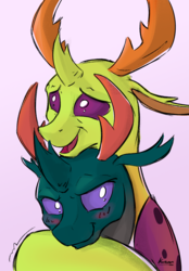 Size: 850x1224 | Tagged: safe, artist:kam, pharynx, thorax, changedling, changeling, g4, blushing, brotherly love, brothers, changedling brothers, cute, daaaaaaaaaaaw, floppy ears, hug, king thorax, lidded eyes, male, open mouth, pharybetes, prince pharynx, siblings, simple background, smiling, thorabetes