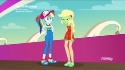 Size: 1136x640 | Tagged: safe, screencap, applejack, rainbow dash, equestria girls, equestria girls specials, g4, my little pony equestria girls: better together, my little pony equestria girls: spring breakdown, female, green face, hand on hip, relaxed face, seasickness, sick, sleeveless