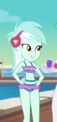 Size: 212x448 | Tagged: safe, screencap, lyra heartstrings, equestria girls, equestria girls series, g4, spring breakdown, spoiler:eqg series (season 2), belly button, bikini, clothes, cropped, hand on hip, headphones, lyra heartstrings swimsuit, midriff, sleeveless, swimsuit, water
