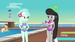 Size: 1280x720 | Tagged: safe, screencap, lyra heartstrings, microchips, octavia melody, sweet smoothie, watermelody, equestria girls, equestria girls series, g4, spring breakdown, spoiler:eqg series (season 2), background human, belly button, bikini, clothes, female, lyra heartstrings swimsuit, male, midriff, sleeveless, swimming pool, swimsuit