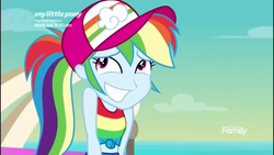 Size: 1136x640 | Tagged: safe, screencap, rainbow dash, equestria girls, equestria girls specials, g4, my little pony equestria girls: better together, my little pony equestria girls: spring breakdown, awkward smile, baseball cap, cap, clothes, cute, dashabetes, female, grin, hat, nervous, nervous smile, rainbow dash is best facemaker, sleeveless, smiling, tank top