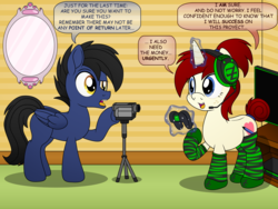 Size: 4000x3000 | Tagged: safe, artist:pananovich, derpibooru exclusive, oc, oc:shadowmoon, oc:silver draw, pegasus, pony, unicorn, camera, clothes, console, context in description, context in the description, controller, dialogue, earbuds, female, freckles, joystick, male, socks, streamers, striped socks, television