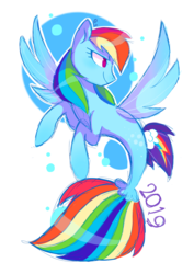 Size: 1240x1754 | Tagged: safe, artist:pinweena30, rainbow dash, pegasus, pony, seapony (g4), g4, 2019, abstract background, bubble, dorsal fin, female, fin wings, fins, fish tail, flowing tail, ocean, pink eyes, seaponified, seapony rainbow dash, smiling, solo, species swap, spread wings, tail, underwater, water, wave, wings