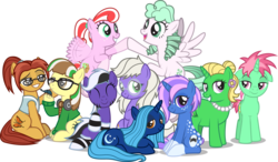 Size: 6015x3519 | Tagged: safe, artist:lightning stripe, derpibooru exclusive, oc, oc only, oc:beetle beat, oc:caramel swallowtail, oc:everstar, oc:flowerlocks, oc:forecast, oc:hercules, oc:lightning stripe, oc:misty mint, oc:moonlight dream, oc:petunia bloom, oc:sugar mint, earth pony, pegasus, pony, unicorn, g4, blue coat, brown eyes, clothes, coat markings, cutie mark, dappled, female, flower, flower in hair, flying, glasses, green coat, green eyes, group photo, group shot, hair bun, hair over one eye, headphones, horn, jewelry, magenta eyes, makeup, mare, mother's day, necklace, orange coat, orange eyes, pearl necklace, pigtails, pink coat, pink eyes, ponytail, purple eyes, scarf, shit eating grin, show accurate, simple background, smiling, smug, socks, socks (coat markings), spiky mane, straight hair, striped mane, striped socks, sweater, transparent background, twintails, vest, white coat, wings, yellow coat