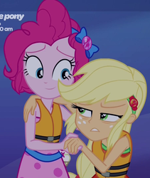 Size: 908x1077 | Tagged: safe, screencap, applejack, pinkie pie, equestria girls, equestria girls specials, g4, my little pony equestria girls: better together, my little pony equestria girls: spring breakdown, cropped, cute, geode of sugar bombs, helping, lifejacket, magical geodes, spoiler