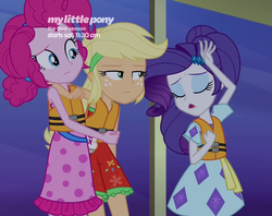 Size: 1362x1079 | Tagged: safe, screencap, applejack, pinkie pie, rarity, equestria girls, equestria girls specials, g4, my little pony equestria girls: better together, my little pony equestria girls: spring breakdown, applejack is not amused, boring, cropped, helping, lifejacket, marshmelodrama, rarity being rarity, unamused