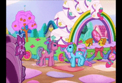 Size: 720x486 | Tagged: safe, screencap, piccolo, pinkie pie (g3), puzzlemint, rainbow dash (g3), sweetberry, wysteria, earth pony, pony, g3, greetings from unicornia, the princess promenade, animated, bow, castle, catchphrase, cute, darling, female, flower, flower in hair, g3 dashabetes, g3 diapinkes, impersonating, janyse jaud, kathleen barr, mane flip, map, mare, offscreen character, puzzlebetes, reading, sound, sweet sweetberry, tabitha st. germain, unicornia, venus terzo, voice actor joke, webm, wysteriadorable