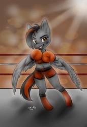 Size: 740x1079 | Tagged: safe, artist:sue--boo, oc, oc only, oc:dusk strike, pegasus, pony, belly button, bipedal, blood, boxing, boxing gloves, boxing ring, clothes, midriff, nosebleed, solo, sports