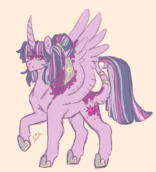 Size: 515x568 | Tagged: safe, artist:last-star-oc, twilight sparkle, alicorn, pony, g4, alternate design, alternate hairstyle, curved horn, female, hair bun, horn, leonine tail, raised hoof, signature, simple background, smiling, solo, spread wings, twilight sparkle (alicorn), wings