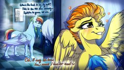 Size: 3840x2160 | Tagged: safe, artist:lupiarts, rainbow dash, spitfire, pegasus, pony, g4, blushing, clothes, creepy, cute, cutefire, female, fetish, heart, high res, lesbian, mare, olfactophilia, sexy, ship:spitdash, shipping, smiling, stupid sexy spitfire, uniform, wonderbolts uniform