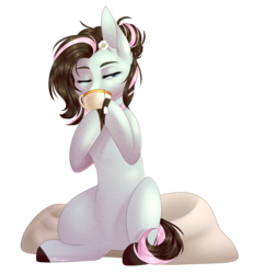 Size: 1708x1849 | Tagged: safe, artist:ohhoneybee, oc, oc only, oc:daisy blossom, earth pony, pony, cup, drinking, female, flower, flower in hair, food, mare, simple background, sitting, solo, tea, teacup, transparent background