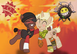 Size: 1280x897 | Tagged: safe, artist:superrosey16, earth pony, pony, unicorn, base used, crossover, demoman, demoman (tf2), eyepatch, junkrat, male, overwatch, ponified, stallion, team fortress 2