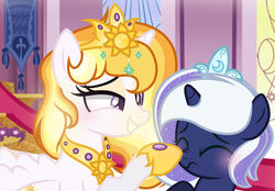 Size: 1280x890 | Tagged: safe, artist:xxmaikhanhflarexx, princess celestia, princess luna, alicorn, pony, g4, alternate design, boop, crown, duo, female, filly, jewelry, regalia, royal sisters, siblings, sisters, white-haired luna, woona, younger