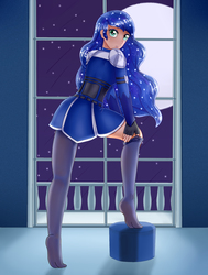 Size: 1400x1850 | Tagged: safe, artist:focusb, princess luna, human, g4, clothes, female, full moon, humanized, looking back, moon, partially undressed, solo, stockings, thigh highs, undressing, window
