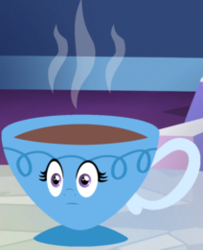 Size: 212x261 | Tagged: safe, trixie, g4, cup, food, inanimate tf, irony, karma, solo, tea, teacup, transformation, trixie teacup