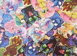 Size: 2000x1466 | Tagged: safe, artist:loneless-art, alice the reindeer, cinder glow, fluttershy, princess celestia, princess luna, queen chrysalis, summer flare, trixie, butterfly, kirin, pony, g4, advertisement, blueberry, chibi, food, pancakes, playing card, sticker, sticker set, strawberry, tongue out