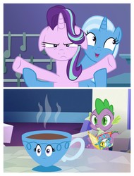 Size: 3106x4096 | Tagged: safe, edit, edited screencap, screencap, spike, starlight glimmer, trixie, dragon, pony, unicorn, all bottled up, annoyed, cup, floppy ears, inanimate tf, teacup, transformation, trixie teacup, trixie's puppeteering
