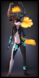 Size: 3600x7200 | Tagged: safe, artist:imafutureguitarhero, earth pony, anthro, plantigrade anthro, 3d, absurd resolution, arm fluff, barely pony related, body fluff, border, breast fluff, breasts, chromatic aberration, colored sclera, contrapposto, crossover, ear fluff, fangs, featureless breasts, featureless crotch, female, film grain, floppy ears, fluffy, fur, fused shadow, glowing, glowing hair, gradient background, grin, hand on thigh, helmet, leg fluff, legend of zelda: twilight princess, midna, nose fluff, nose wrinkle, signature, smiling, smirk, solo, source filmmaker, the legend of zelda, the legend of zelda: twilight princess, vertical, windswept hair, windswept tail