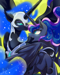 Size: 800x1000 | Tagged: safe, artist:sion-ara, nightmare moon, princess luna, alicorn, pony, g4, duo, ear fluff, ethereal mane, female, hoof shoes, lidded eyes, looking at each other, mare, rearing, scared, shocked, signature, slit pupils, spread wings, starry mane, wings