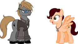 Size: 2000x1125 | Tagged: safe, artist:theeditormlp, oc, oc only, oc:season, oc:the editor, earth pony, pegasus, pony, clothes, female, glasses, male, mare, shirt, simple background, stallion, transparent background, vest