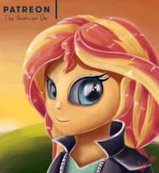 Size: 2000x2174 | Tagged: safe, artist:theunconsistentone, sunset shimmer, human, equestria girls, g4, bust, clothes, eye shimmer, female, high res, jacket, looking at you, patreon, patreon logo, portrait, smiling, solo, sunset, sunshine shimmer