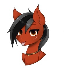 Size: 1160x1316 | Tagged: safe, artist:jaderabbit, oc, oc only, pony, bust, collar, commission, cute, female, mare, red and black oc, red eyes, scar, solo, tongue out, ych result