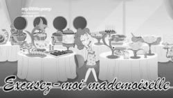 Size: 480x270 | Tagged: safe, edit, edited screencap, screencap, pinkie pie, puffed pastry, equestria girls, equestria girls series, g4, spring breakdown, spoiler:eqg series (season 2), animated, buffet, cake, cuisine, fancy, female, food, france, french, gif, grayscale, language, monochrome