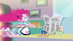 Size: 1920x1080 | Tagged: safe, screencap, pinkie pie, sour persimmon, equestria girls, five stars, g4, my little pony equestria girls: better together, coffee, coffee mug, fast, food, great moments in animation, motion blur, mug, newspaper, pancakes, pie, roller skates, server pinkie pie, smear frame, syrup, waffle