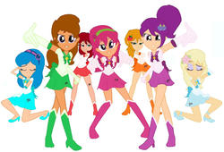 Size: 1280x870 | Tagged: safe, artist:afterglowsentry, artist:mapleb, oc, oc:cherry cheesecake, oc:coconut cream muffin, human, equestria girls, g4, i'm on a yacht, my little pony equestria girls: better together, angel cake (strawberry shortcake), apple dumplin, barely eqg related, base used, blueberry muffin (strawberry shortcake), boots, clothes, crossover, equestria girls style, equestria girls-ified, gloves, high heel boots, high heels, plum pudding, raspberry torte (strawberry shortcake), sailor moon (series), shoes, strawberry shortcake